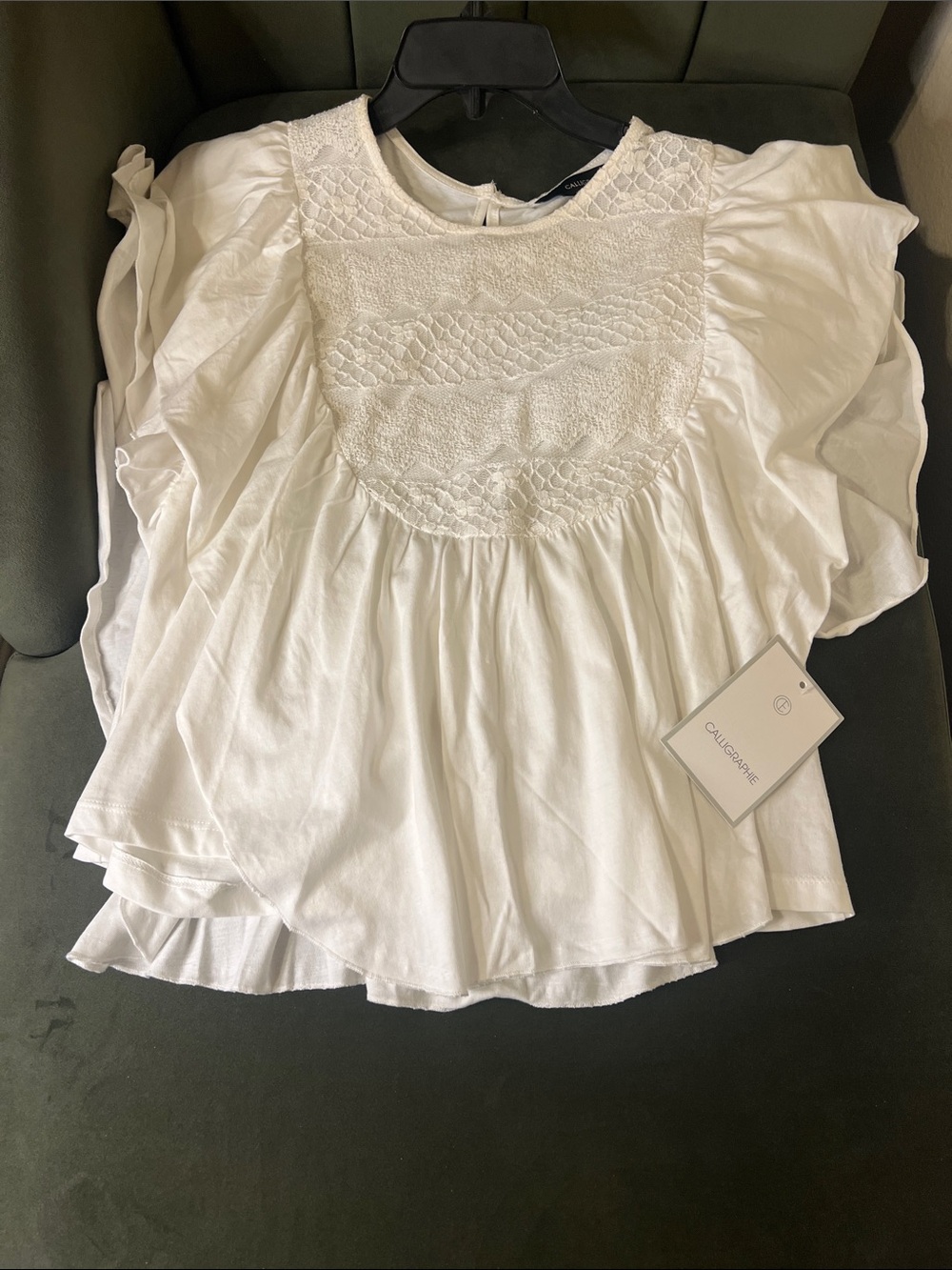Calligraphie White Smocked Yoke Flutter Sleeve Women's Top